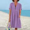 Vestido Feminino de Algodão e Linho Manga Curta Decote V Linha A Rodado Verão Casual Praia Férias Vestido de Sol com Bolsos