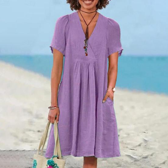 Vestido Feminino de Algodão e Linho Manga Curta Decote V Linha A Rodado Verão Casual Praia Férias Vestido de Sol com Bolsos