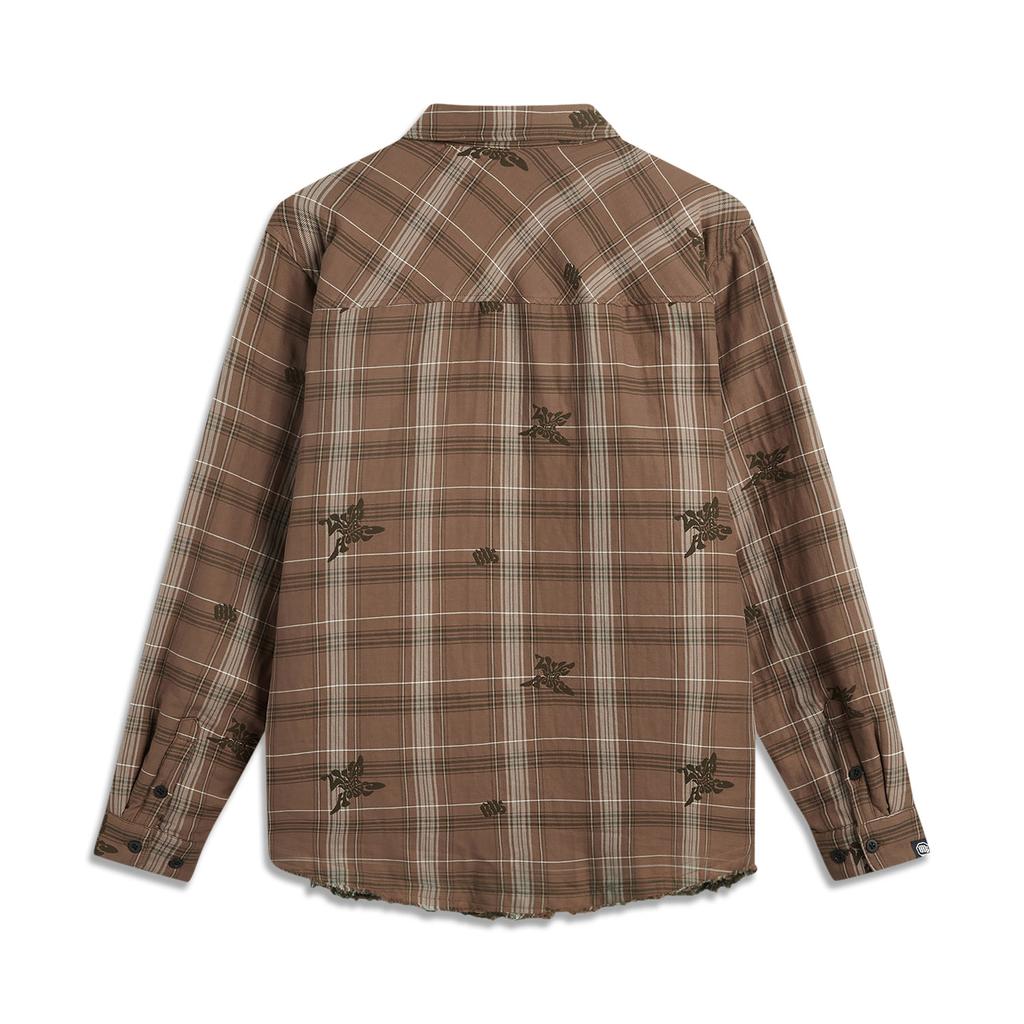 Li Ning Basketball Series Fan Wu Series Full Print Checkered Single Row Button Down Short Cotton Jacket Men Jackets Brown AJMU127-3