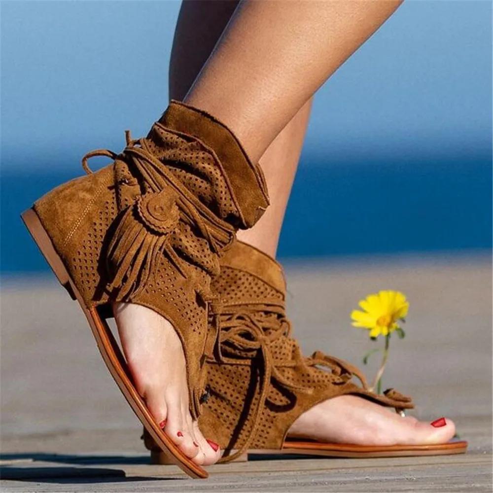 Fashion 2025 Women's Sandals Shoes Summer Stand-alone Fashion Flat Sandals Woman Designer Platform Ladies Tassel Hollow Out Large Size