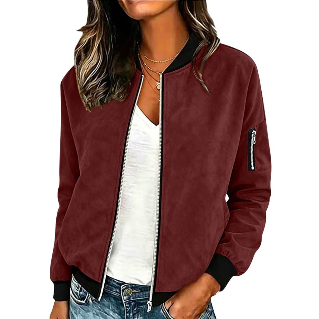 Women's Casual Suede Zip Up Jacket Lightweight Bomber Style Long Sleeve Outerwear with Ribbed Cuffs and Hem for Everyday Wear