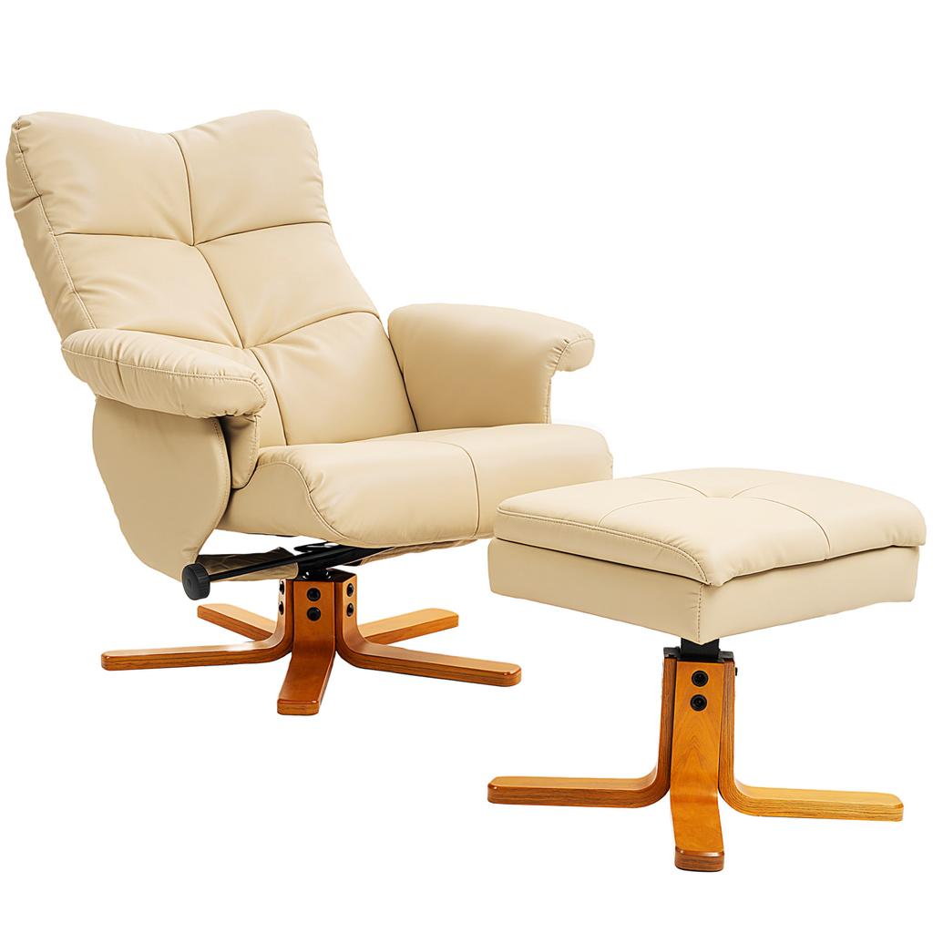 PU Leather Swivel Recliner Chair with Footstool, Wooden Base and Storage for Living Room, Beige