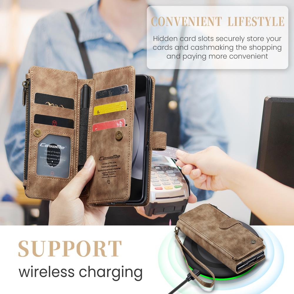 Business Retro Wallet Leather Flip Case For Samsung Galaxy Z Fold5 Fold 4 Z Fold 3 Coin Purse Zipper Wrist Strap