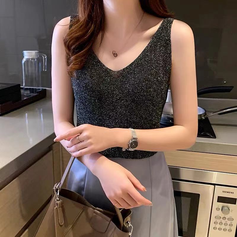 Women Summer Sleeveless V Neck Sequins Causal Vest Top