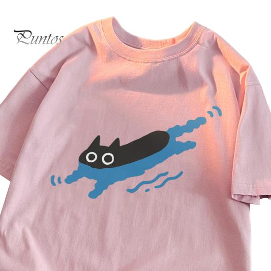 Par Casual T-skjorte Tegneserie Svart Katt Trykk T-skjorte Rund Hals Løs Sommer Topp for Menn Kvinner Hjem Gym Streetwear