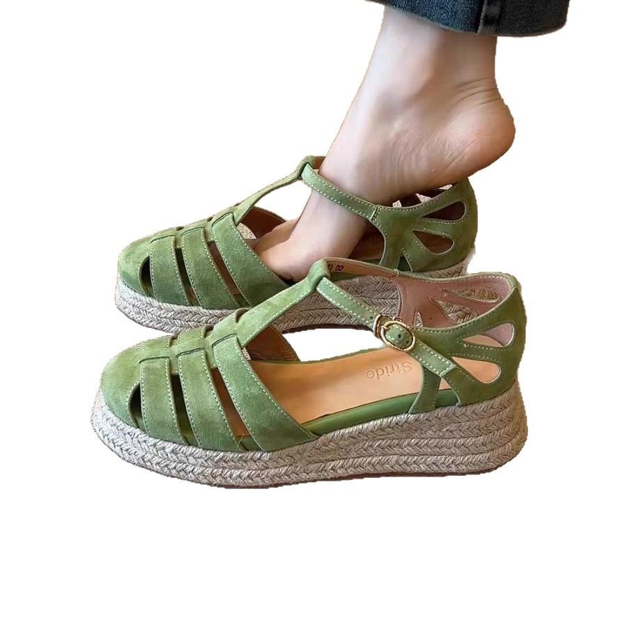 Sheepskin version~ 2025 new summer versatile retro hollow one-word buckle straw thick sole heightening Roman sandals women