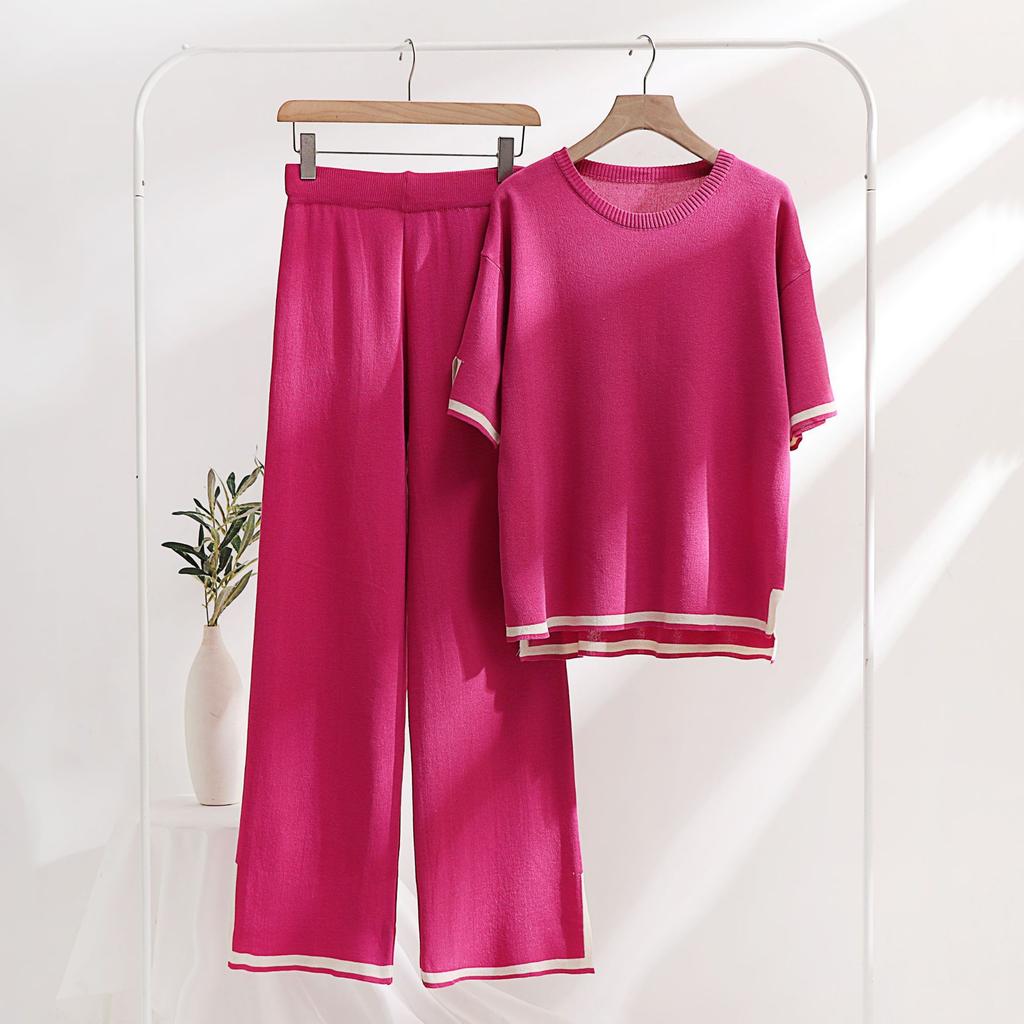 Ice Silk Knitted Suit Women's Suit Spring and Summer Two-piece Set Short-sleeved Splicing Casual and Thin Fashion