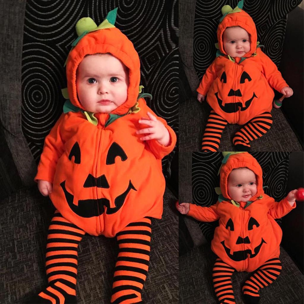 (TMAC1) Newborn Baby Boy Girl Pumpkin Halloween Hooded Romper Bodysuit