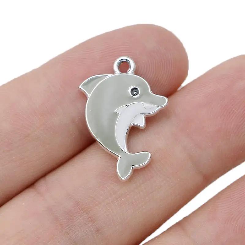 10Pcs Silver Plated Blue Enamel Dolphin Charms Pendant For Jewelry Making Earrings Bracelet Necklace Accessories Diy 23X19Mm