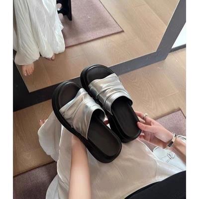 Thick-soled Heightened Wrinkled Leather One-word Slippers Women's Summer Wear 2025 New Models with Skirts, Muffin Soles, Sandals