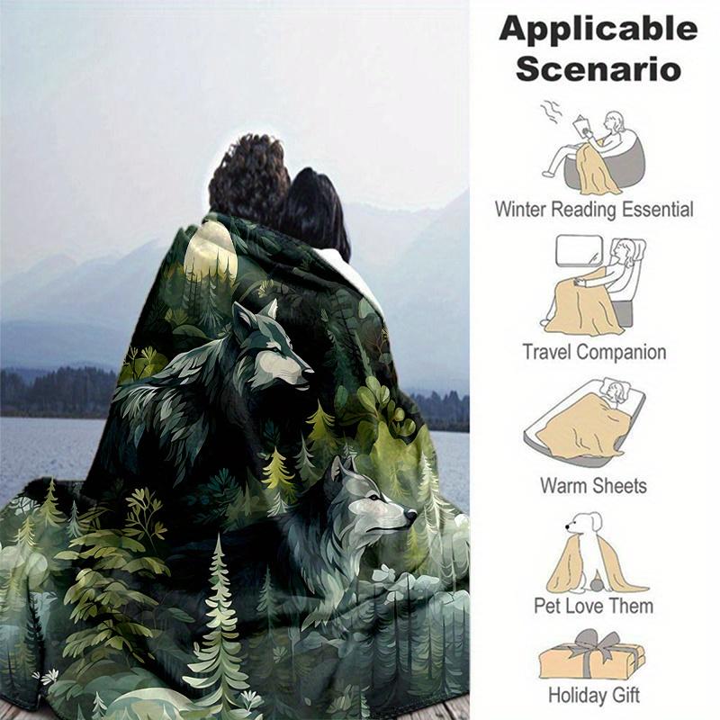 1pc Two Wolves in the Forest Blanket  Soft and Cozy Home Decor Gift for Friend, Suitable for All Seasons, Living Room, Travel, Camping