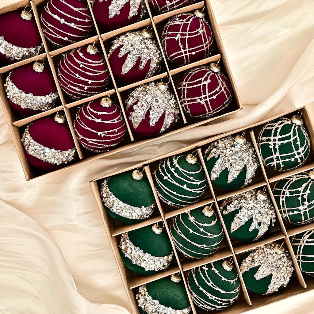 Elegant Flocking Velvet Diamond Christmas Ornament Set – Exquisite Holiday Tree Pendant Collection