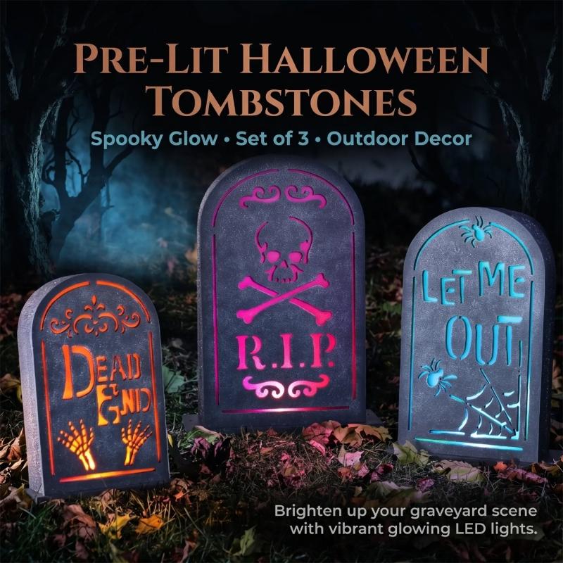 Halloween Cemetery Accent With Light Effect, PVC Grave Marker Piece for Porch Window Table Party Home Scene Display