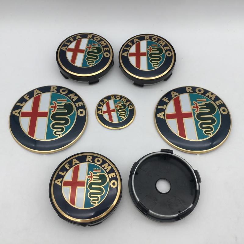 KUBEL1 7pcs forAlfa Romeo Car Emblem Wheel Cover Caps Front Hood Badge Rear Trunk Steering Sticker Styling 2x74mm 4x60mm Cap 1x40mm