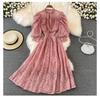 Court Style Stand-up Collar High Waist and Thin Bubble Sleeves Lace Dress Bohemian Seaside Vacation Big Swing Dress Women