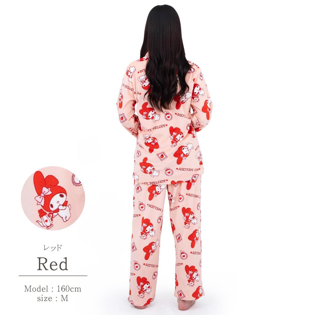 SAZAC My Melody Shirt Long Sleeve and Pants Stylish Frame My Melody Pajamas, Micro-Fur Fleece, Women's, Set, Loungewear, (Red/L/SAN1742)