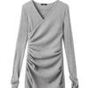 2026 Women's Gray V-Neck Slim Fit Short Skirt - Sexy Winter Inner Wear Dress