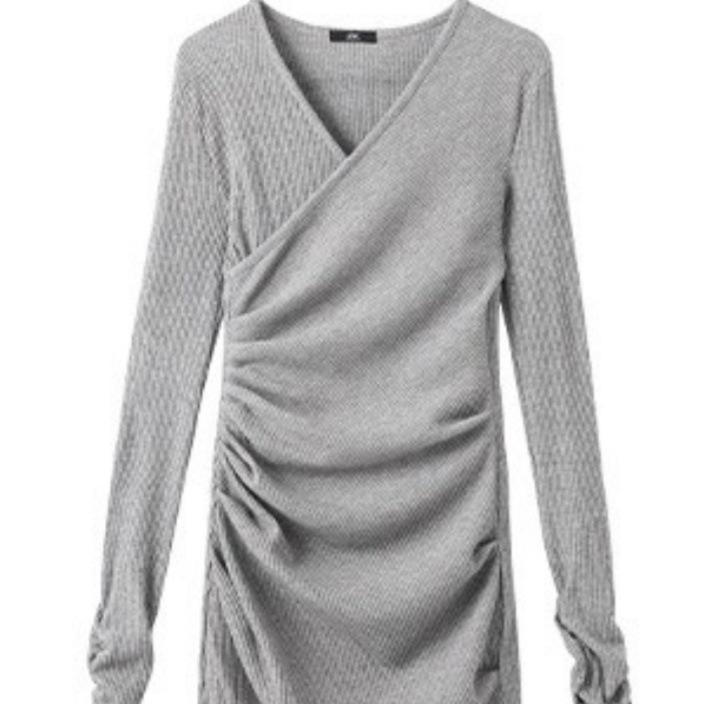 2026 Women's Gray V-Neck Slim Fit Short Skirt - Sexy Winter Inner Wear Dress