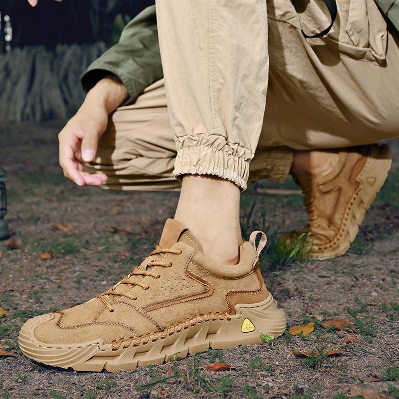 Casual shoes men's new leather outdoor sports shoes men's lightweight soft-soled stitching non-slip low-top shoes