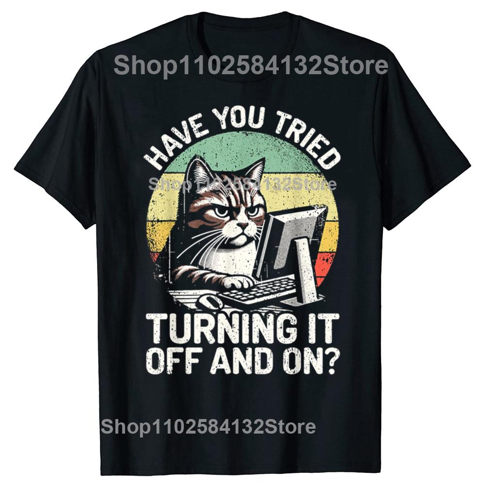 Funny Tech Support Humor Cat Engineer Computer Graphic Tshirts Men Fashion Casual Tshirt 100 Cotton Loose Oversized T Shirt