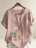 Women's Fashion Flower Print Round Neck Short Sleeve T-shirt Summer Casual Cotton Linen Graphic Shirt Leisure Loose Blouse Tops