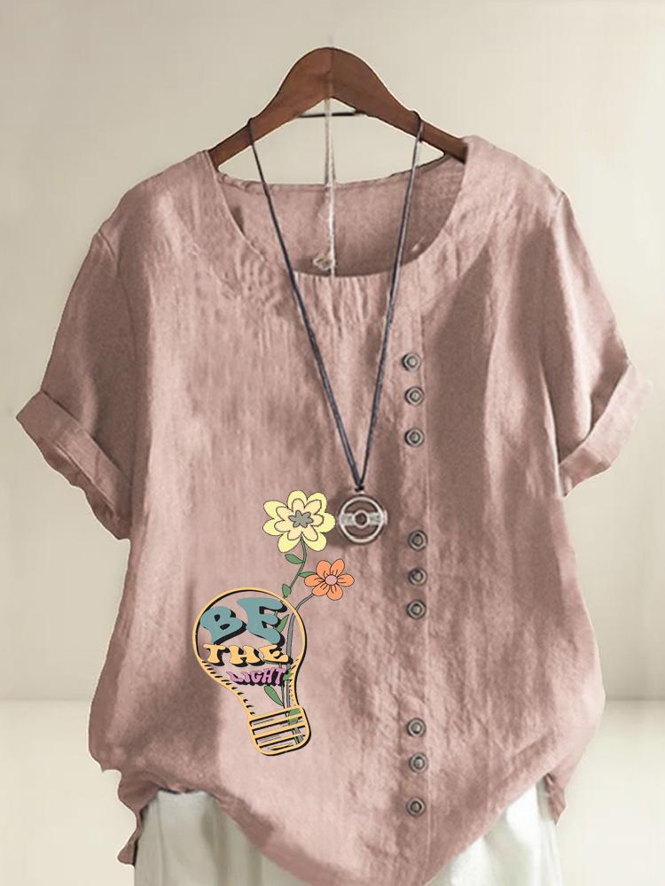 Women's Fashion Flower Print Round Neck Short Sleeve T-shirt Summer Casual Cotton Linen Graphic Shirt Leisure Loose Blouse Tops