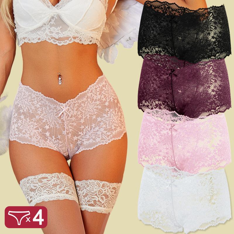 FINETOO 4Pcs/Set Women Panties Hollow Out Lace Mid Waist Elastic See-through Star Lace Four Cornered Pants Women Underpants