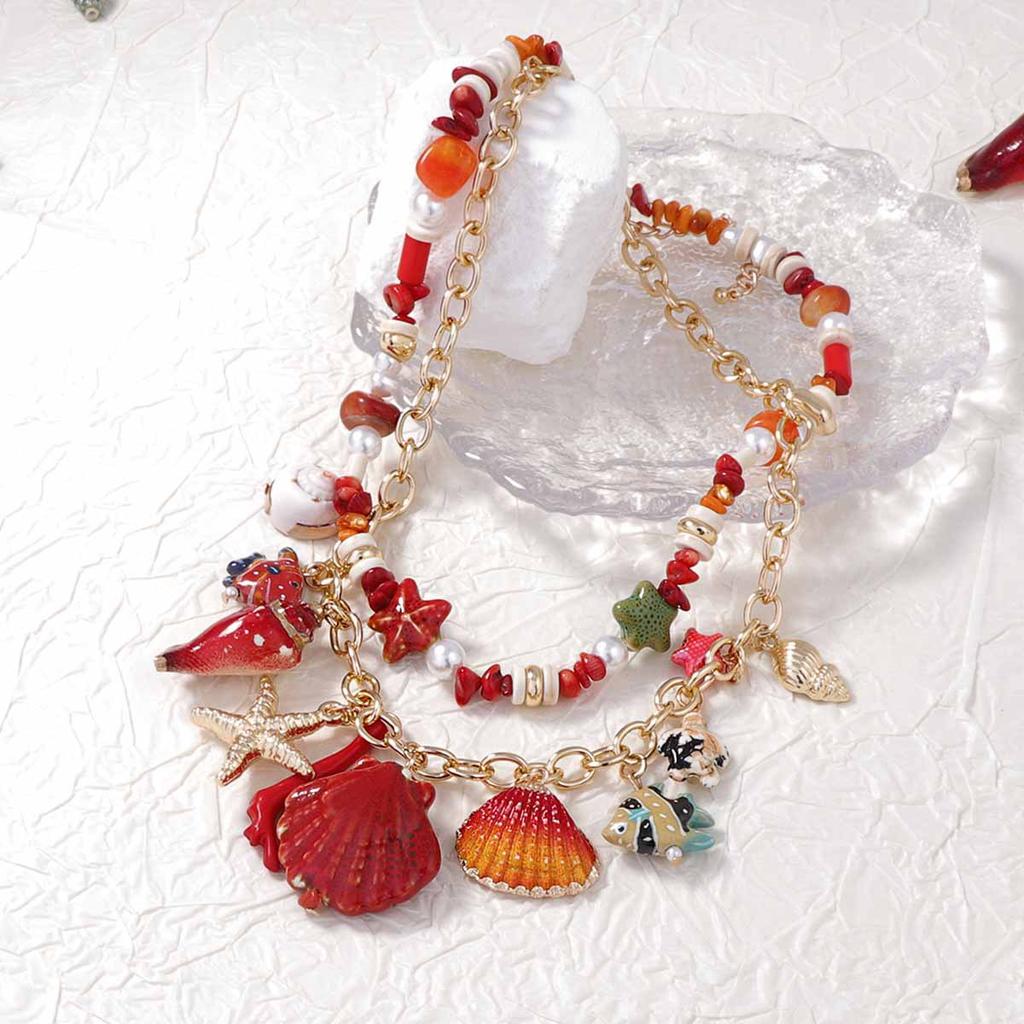 Ocean vacation style niche creative design sense fashion fresh scallop conch pendant double layer stacked necklace