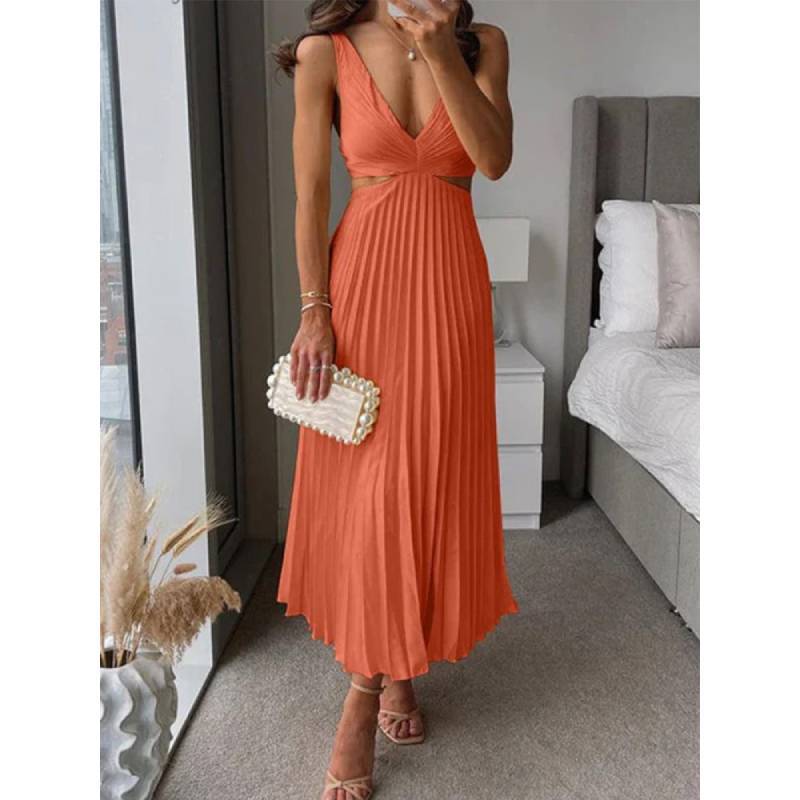 Elegant Summer Sleeveless Vneck Pleated Backless Maxi Dress For Women