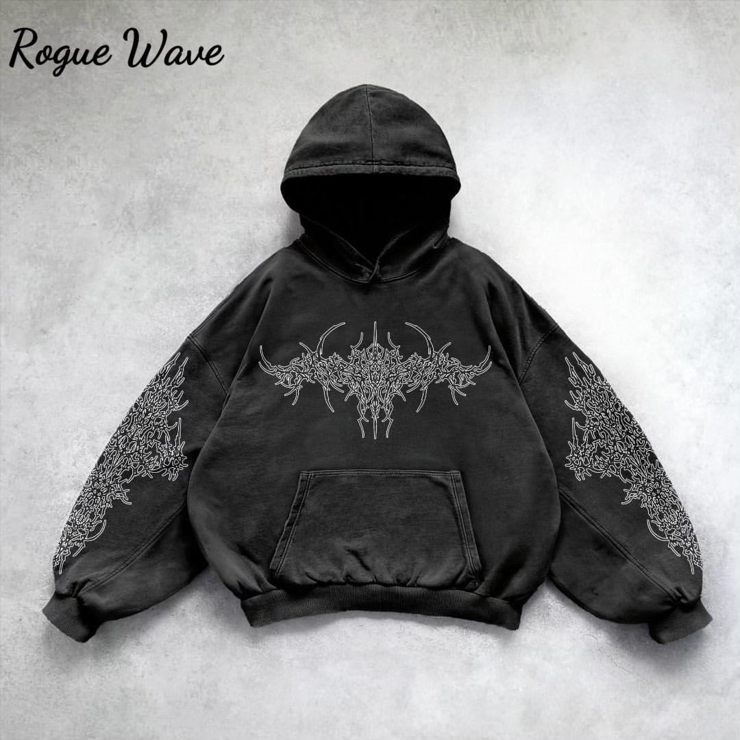 

RogueWave Heavy Washed Man Hoodie Sweatshirt Y2k Gothic Clothes Retro Streetwear Pattern Women Pullover Casual Fashion for Men Harajuku L