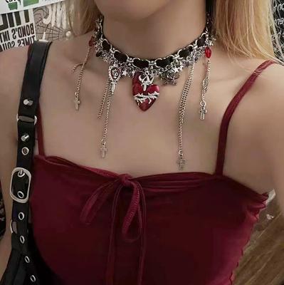 Tooxika New Niche Unique Personality Multi-element Cardinal Heart Cross Tassel Necklace Dark Wind Spicy Girl Collarbone Chain