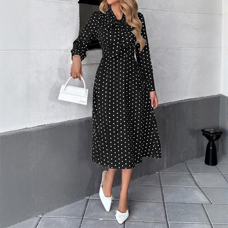 Herbst 2025 Retro Polka-Dot Midi-Kleid mit Schleifenkragen und langen Ärmeln
