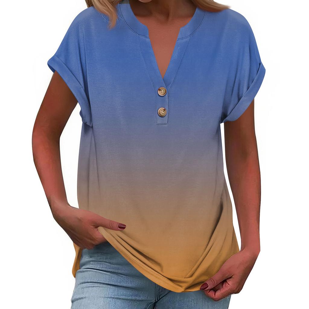 Women's Fashionable Casual Loose-Fit Short-Sleeved Button-Up V-Neck Printed T-Shirt Top