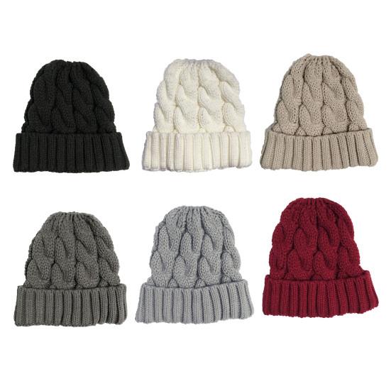 Cappello invernale da donna lavorato a maglia spesso tinta unita elastico antiscivolo caldo antifreddo protezione per le orecchie ritaglio foro coda di cavallo morbido intrecciato trama berretto
