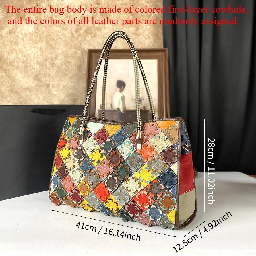 New Tote Women'S Handbag, Large Capacity Genuine Leather Flower Shoulder Bag, Cowhide Commuting Crossbody Bag