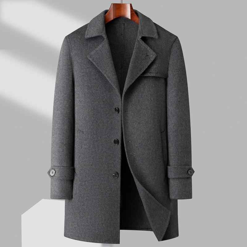 

Осенне-зимнее мужское шерстяное пальто ручной работы с двумя сторонами, среднее и длинное, двубортное корейское исполнение шерстяного тренча 195 серый