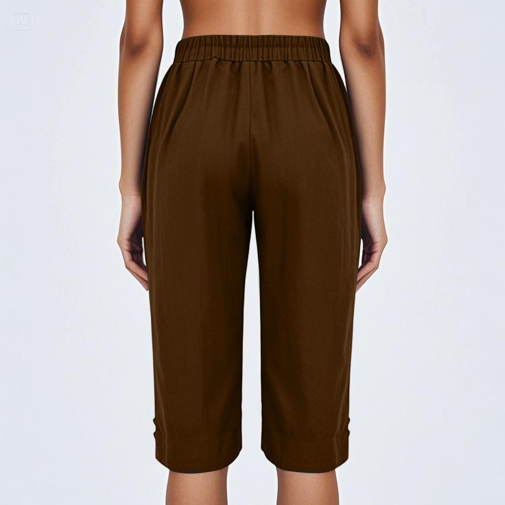 Women's Fashion Color Loose Pocket Elastic Waist Cotton Linen Casual Five Pants