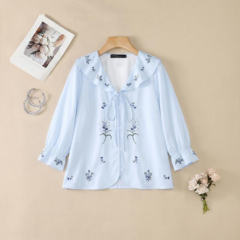 ZANZEA Women Ruffles V-Neck Loose Casual 3/4 Sleeve Floral Print Blouse