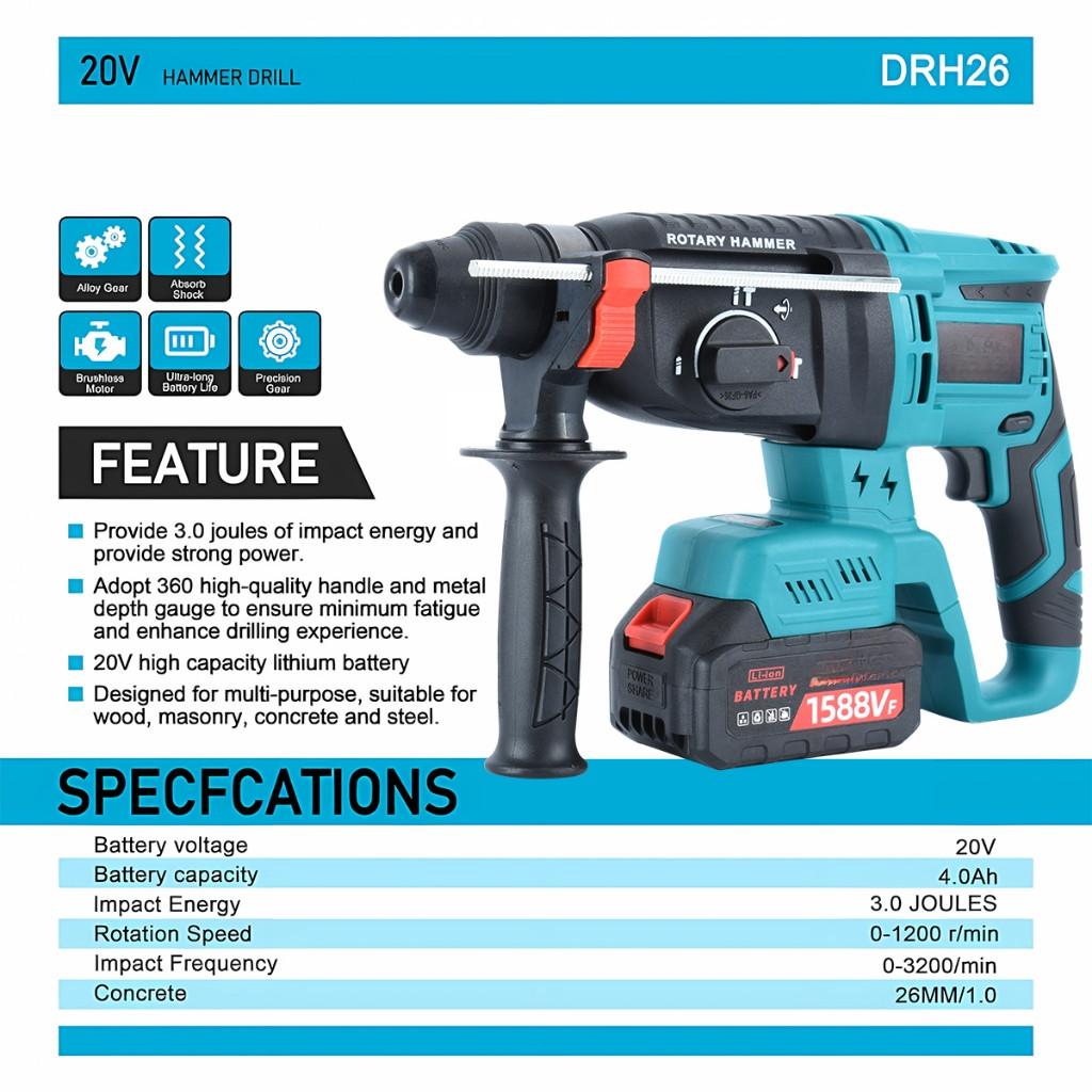 4 IN 1 Cordless Rotary Hammer Drill 3 Mode With Handle SDS 26mm Chisel Concrete