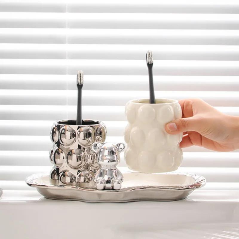 Ceramic Mouthwash Cup Set Brushing Cup Couple Wash Cup Bathroom Supplies Toiletries Bathroom Tumblers Toothbrush Cup Bear Tray