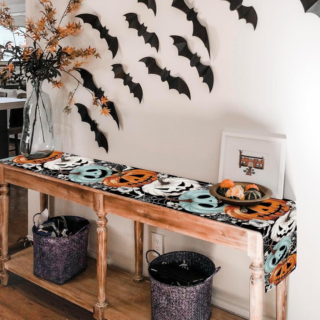 Baccessor Halloween Table Runner Spooky Pumpkins Spider Web Bat Runner for Table Kitchen Dinning Table Decor for Home Farmhouse Party Fall Festival