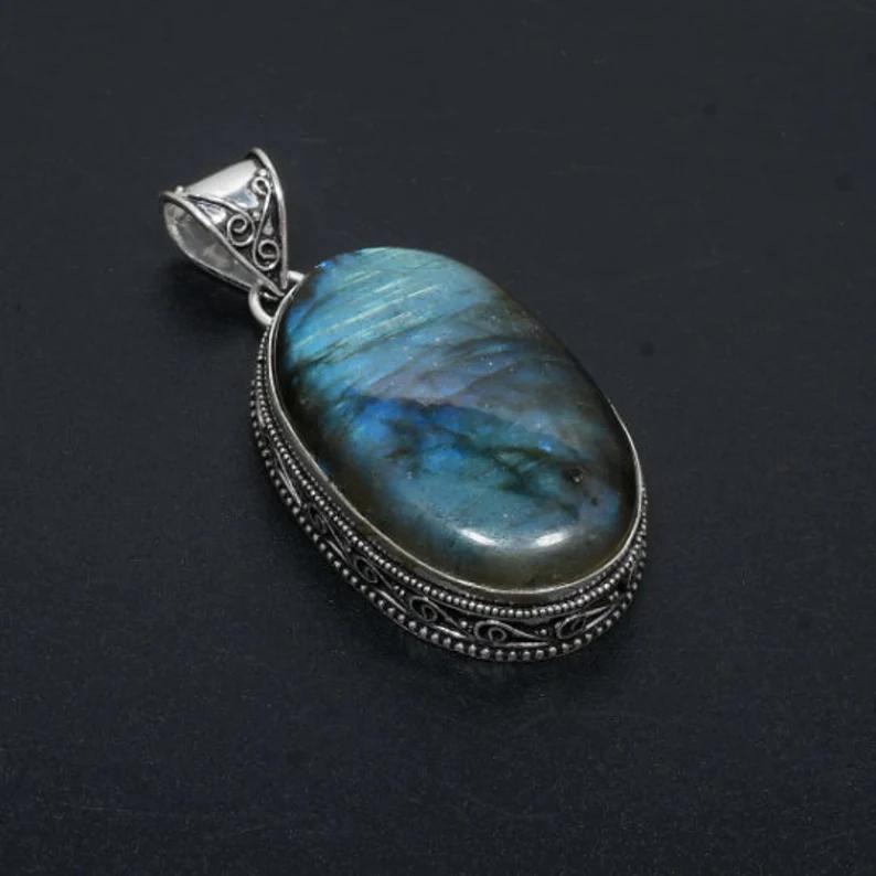 Pingente de joia feito à mão em prata esterlina 925 com pedra preciosa labradorita azul natural chamativa, joia com pedra preciosa labradorita azul natural para presente