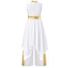 Girls Liturgical Praise Lyrical Dance Outfit Metallic Patchwork Sleeveless Asymmetrical Hem Dress Wide Leg Pants Set