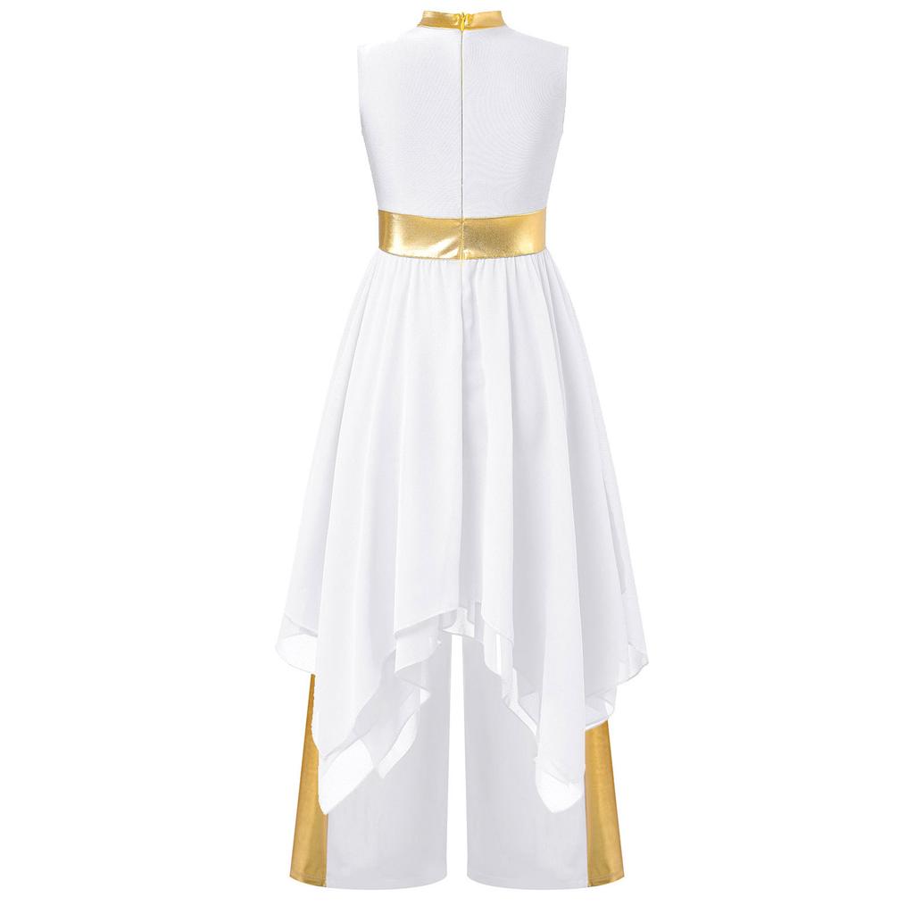 Girls Liturgical Praise Lyrical Dance Outfit Metallic Patchwork Sleeveless Asymmetrical Hem Dress Wide Leg Pants Set