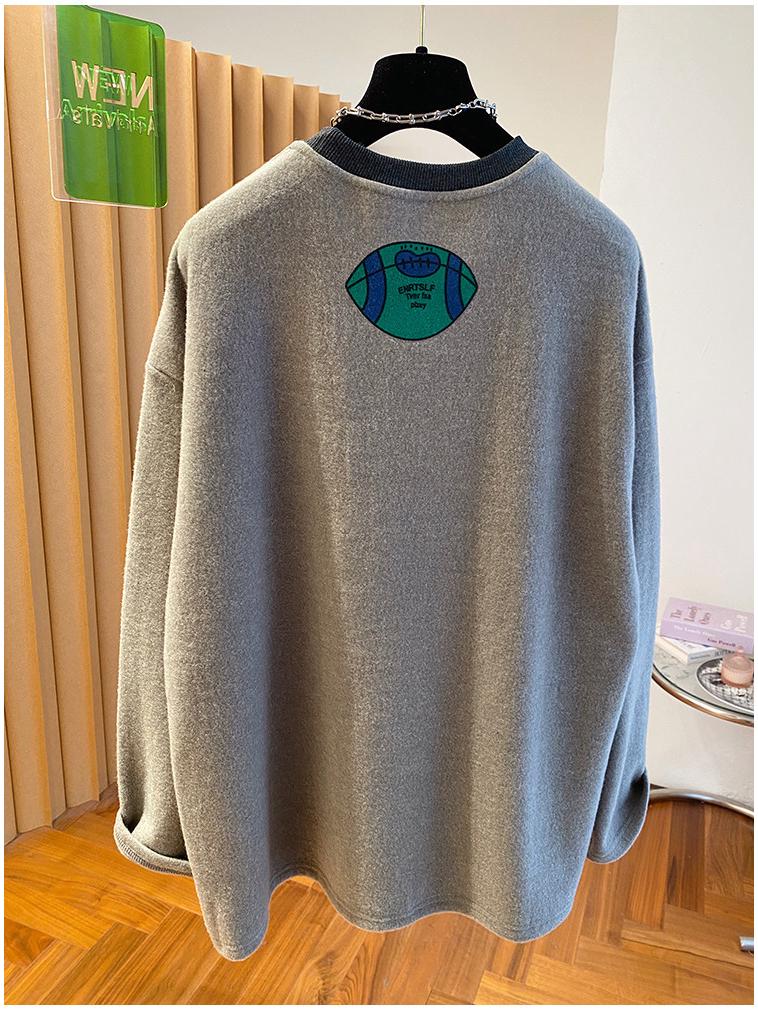 Women's 2025 Cartoon Print Woolen Long Sleeve T-shirt: Loose, Warm, Plus Velvet, Brushed Inner Layer