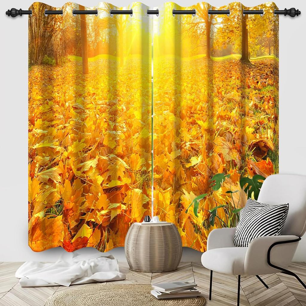 Orange Yellow Leaves Curtain Fall Scenery Forest Trees Window Drapes Panels Set Patio Office Living Room Curtains Light Blocking Polyester Great Decor