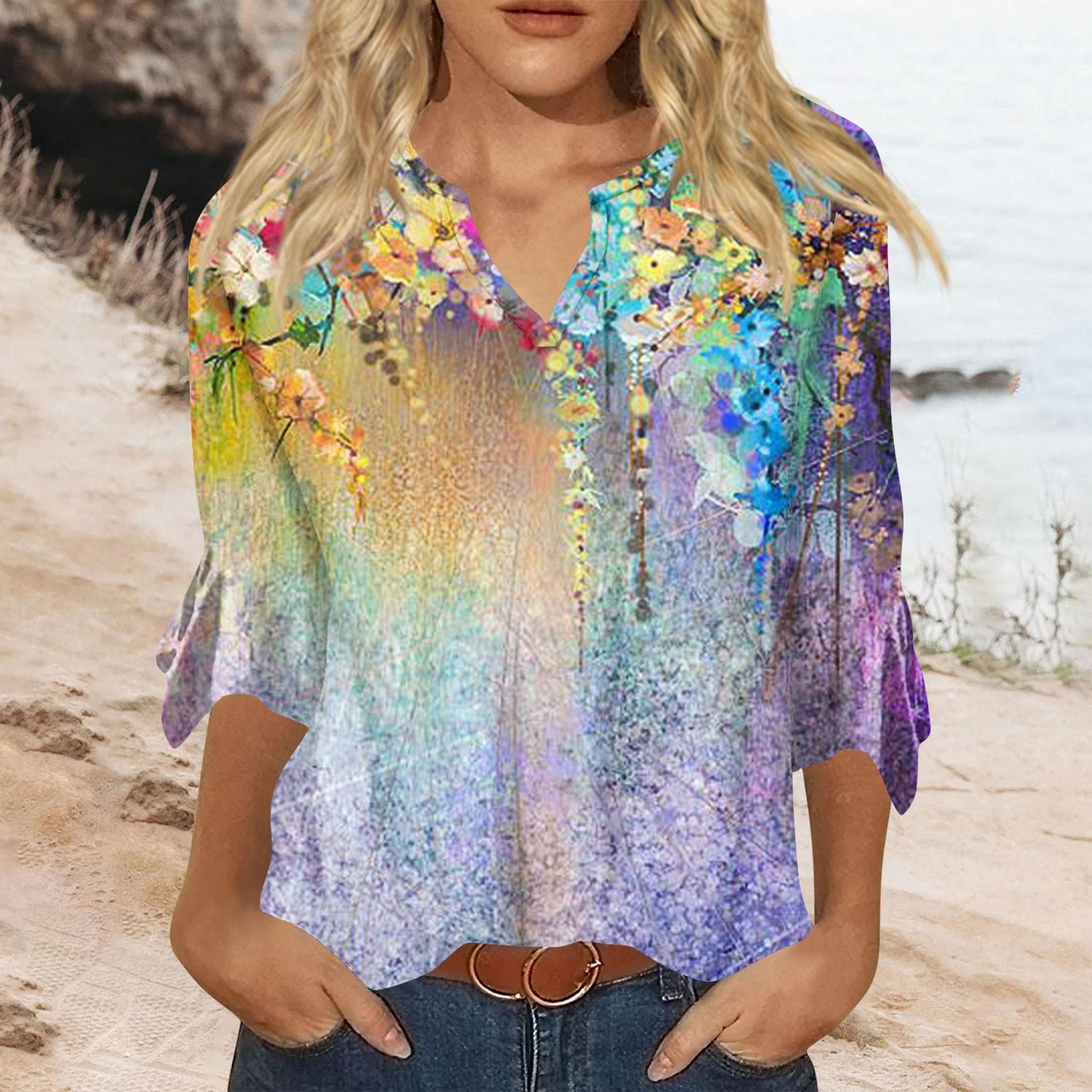 Women s Top Loose Casual V-neck Printed Blouses Bell 3/4 Sleeve T-shirt XXL