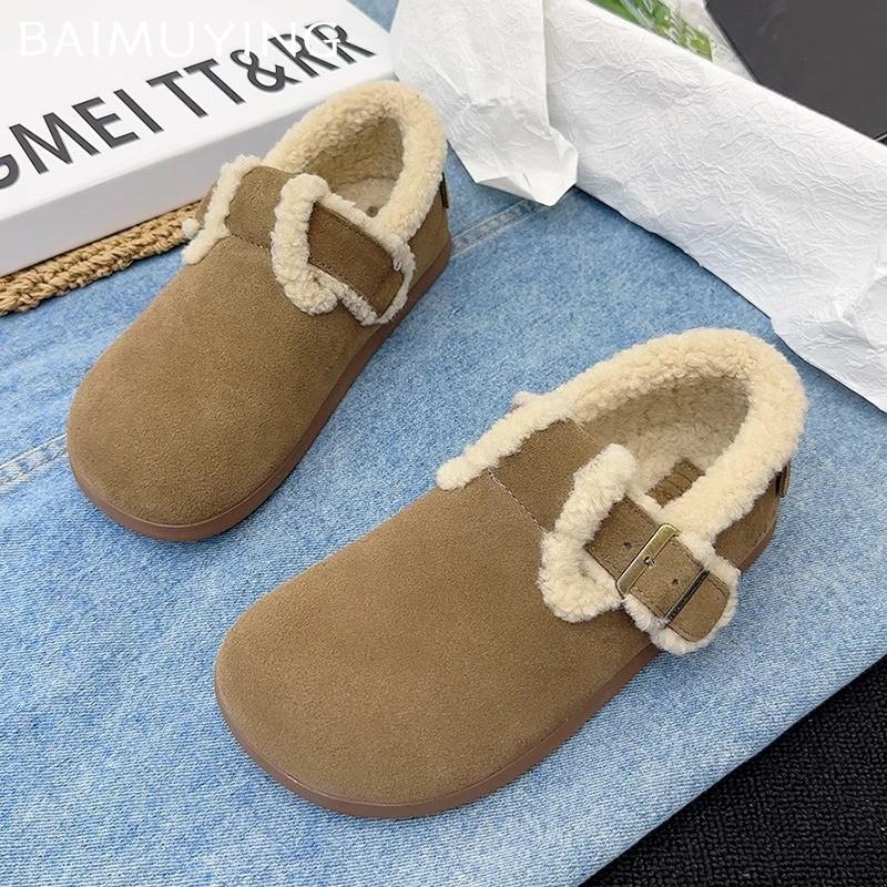 Fur Suede Women Flats Snow Boots Short Plush Casual Buckle Cotton Shoes 2025 Trend Walking Warm Cozy Winter New Botas De Mujer