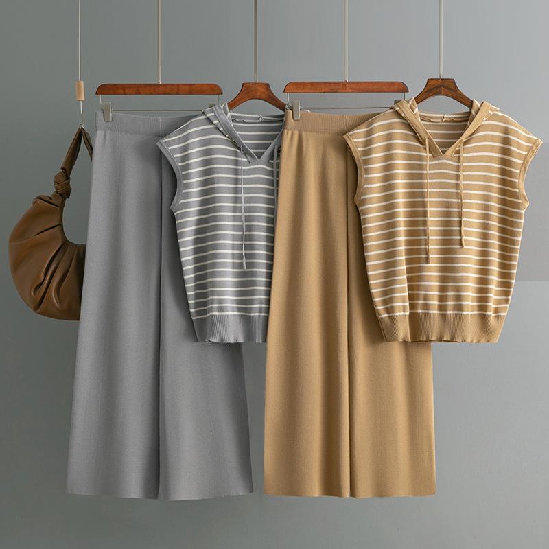 Fashion Set Women's Summer Sleeveless Hooded Striped Knitted Top High Waist Wide Leg Pants Two-piece Set