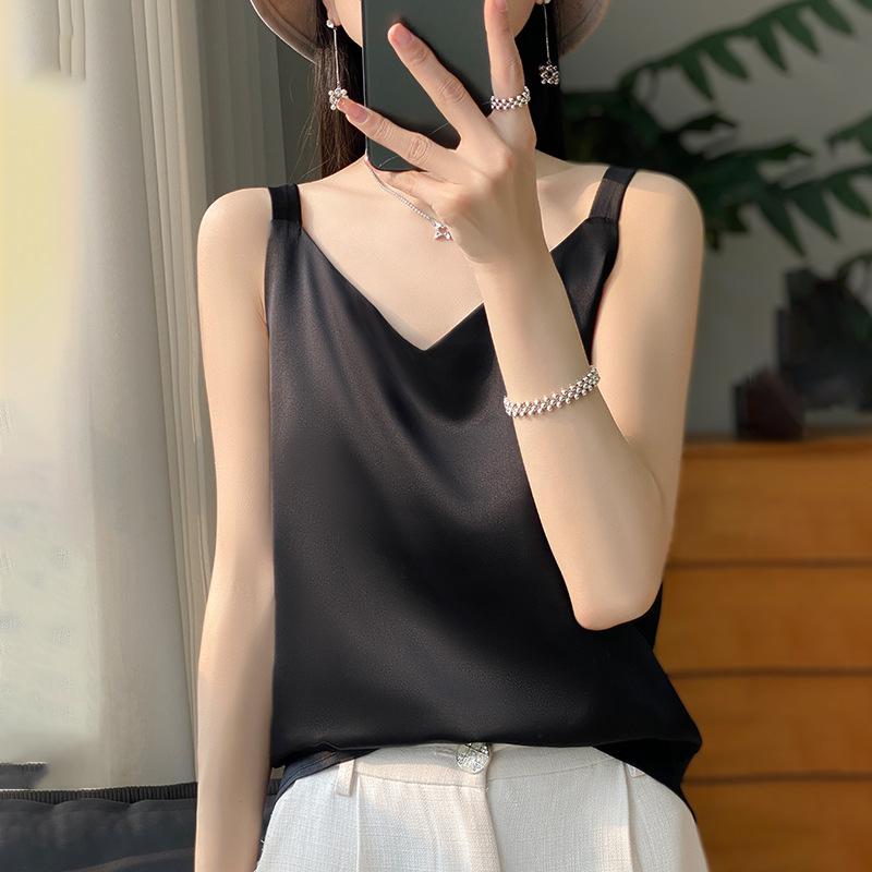 VEZFAA Women's Fashion Casual Solid Color Print Summer Spring Sleeveless V-Neck Blouses & Shirts